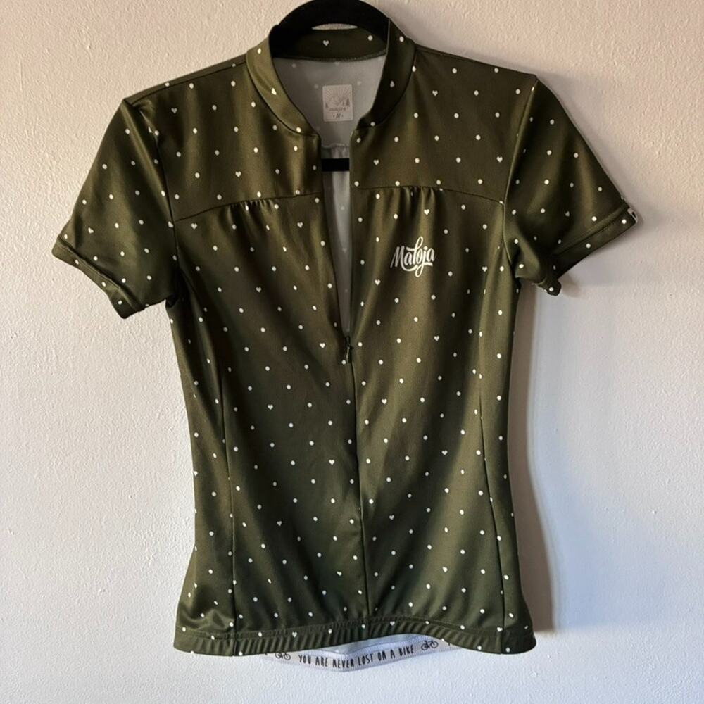 Maloja Cycling Jersey Women Olive Green Polka Dots Medium 3/4 Zip Road Bike Race